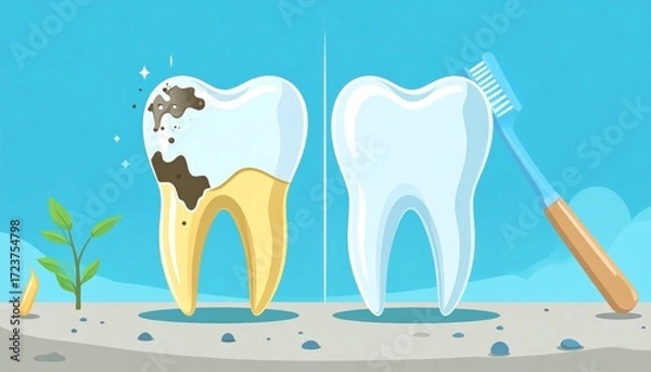 Fototapeta Healthy Tooth vs Decayed Tooth Concept with Nature Background, Dental Care Comparison