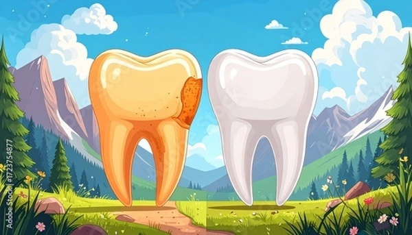 Fototapeta Healthy Tooth vs Decayed Tooth Concept with Nature Background, Dental Care Comparison