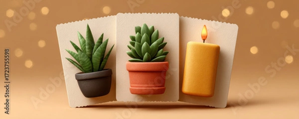 Fototapeta Potted plants and lit candle on warm background, evoking cozy and serene atmosphere for Kwanzaa for children