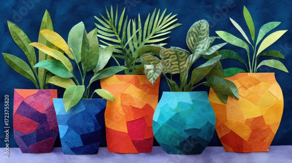 Fototapeta Paper art of potted plants for children, showcasing creative Kwanzaa inspired design with bold shapes and textures