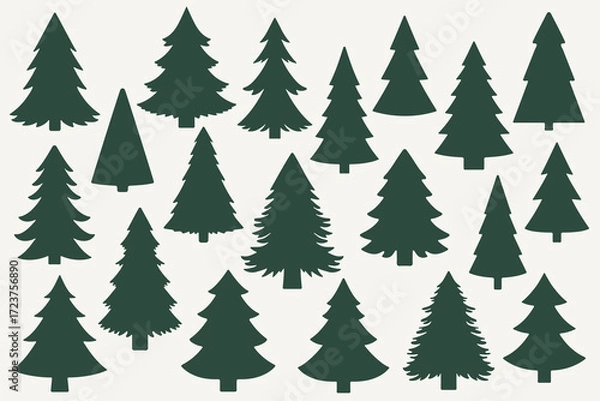 Fototapeta Vector set of Christmas trees in simple flat style. Evergreen conifer silhouettes for winter holiday decoration, seasonal design, poster, or greeting card.