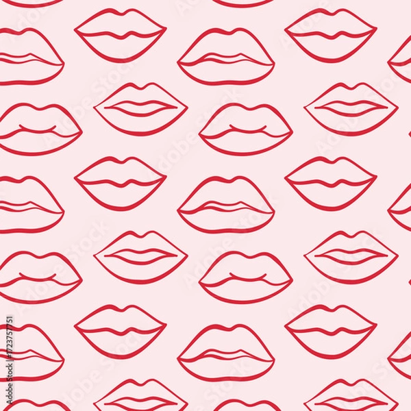 Fototapeta Seamless vector pattern of red lips outline on pink background. Minimal romantic design for Valentine, beauty, fashion, and modern decoration.