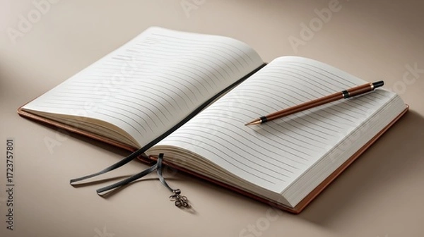 Fototapeta Open lined notebook with a brown and black pen resting on the pages, texture of paper and stationery setup for writing, note-taking, planning, or journaling in a minimalistic style