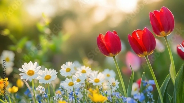 Fototapeta Closeup of vibrant red tulips and white daisies blooming in a sunlit garden, with a soft bokeh background of green foliage and warm sunlight filtering through
