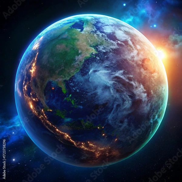 Obraz A vibrant cosmic planet with glowing green continents and a colorful atmosphere set in deep space