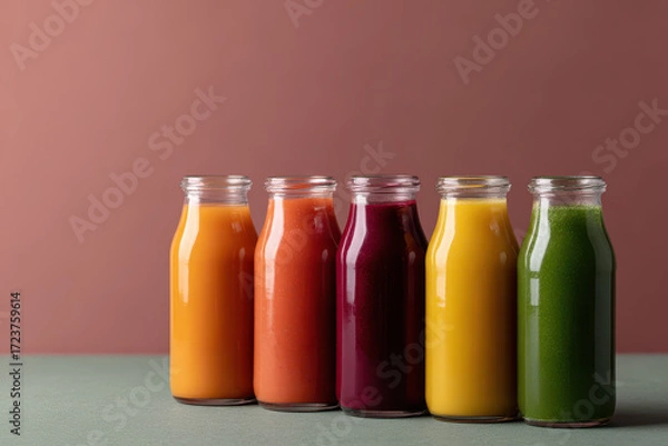 Fototapeta Row of colorful cold pressed juices in glass bottles