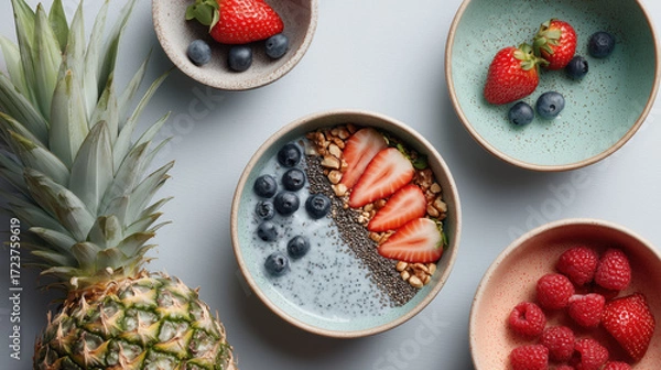 Fototapeta Smoothie bowl and acai bowl topped with fresh berries for breakfast