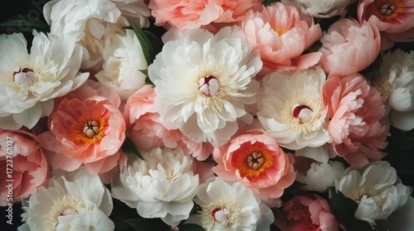 Fototapeta Closeup top view of a beautiful bouquet of blooming peonies in soft pink and white hues, lush floral arrangement