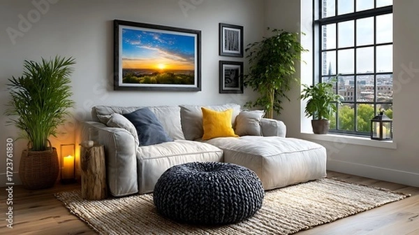 Obraz A realistic high-definition photo of a living room with gallery wall and sectional couch.