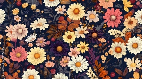 Fototapeta A vibrant and colorful floral pattern featuring a variety of daisylike flowers and autumnal leaves against a dark, textured background, creating a rich tapestry of natures beauty