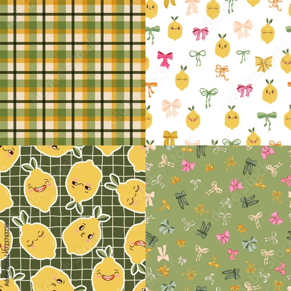 Fototapeta Preppy Coquette Bows cute lemons character seamless pattern set for textile, print, fabric, wrap