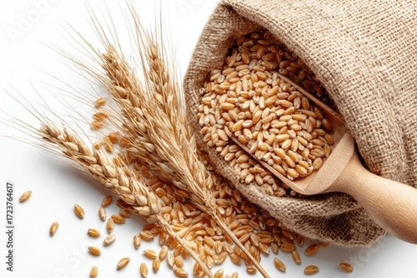 Fototapeta Wheat grains spilling from burlap sack, with wheat stalks