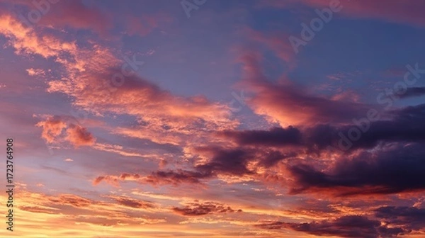 Fototapeta peace. A breathtaking sunset sky panorama with vibrant warm hues and glowing clouds. inspiring travel planning, travel magazines, designed for travel destination branding, inspires travel planning.