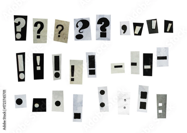 Obraz black and white collage symbols elements, exclamation mark, question mark