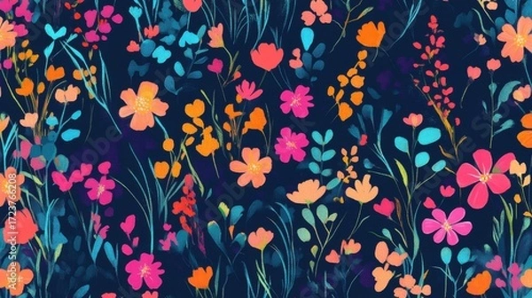 Fototapeta A dark and moody seamless pattern featuring small, vibrant wildflowers and foliage in a watercolor style against a deep navy background