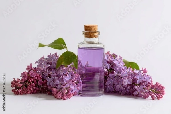 Fototapeta Lilac essential oil in a glass bottle, surrounded by fresh lilac blossoms.  A light-purple liquid fills the bottle.  Gentle lighting on a plain white background