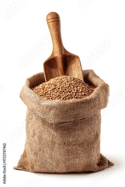 Obraz Whole wheat grains in burlap sack with wooden scoop