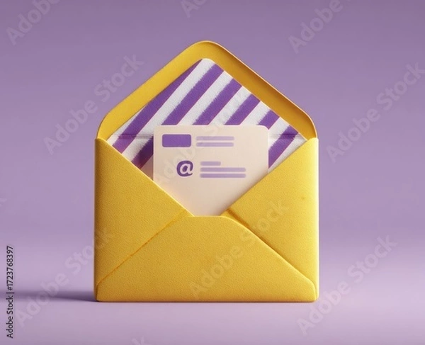 Fototapeta Open yellow envelope with a light beige card inside, featuring a purple at symbol.  Purple striped interior.  3D rendering on a muted purple background