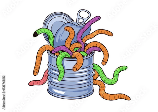 Fototapeta Cartoon Can Overflowing with Colorful Worms Open Lid Grotesque.