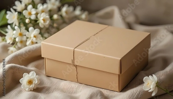 Fototapeta Simple Kraft-Style Gift Box Mockup Tied with String, Resting on Draped Silk with White Flowers. Elegant and Minimalist Packaging Concept for Retail Products, Jewelry, Candles, or Luxury E-commerce 