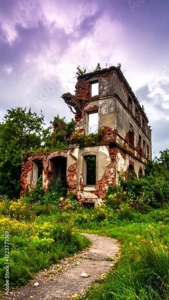 Obraz Abandoned, crumbling building, overgrown path