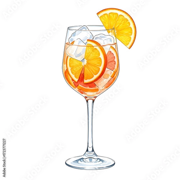Fototapeta Refreshing cocktail with orange slices and ice cubes isolated on transparent background