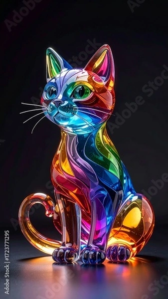 Obraz A vibrant and colorful glass statue depicting a cat is placed on a table