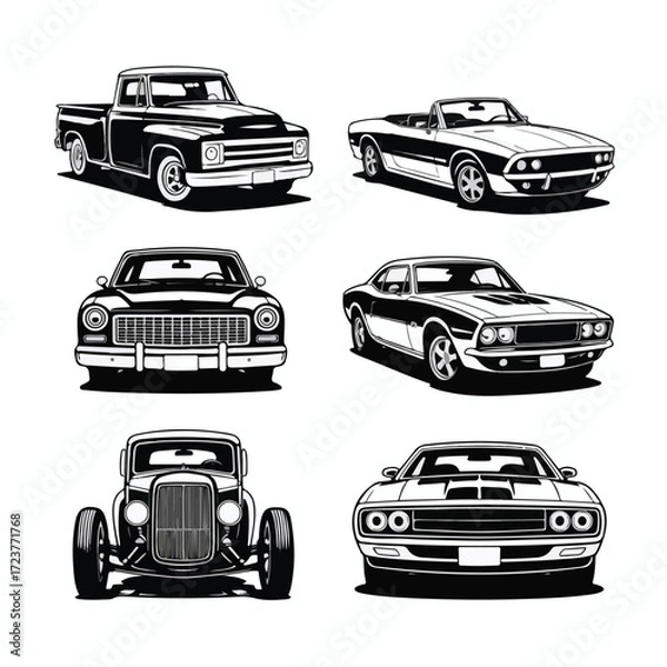 Fototapeta A collection of colorful car icons and vectors including auto, truck, and bus for various transportation and traffic designs