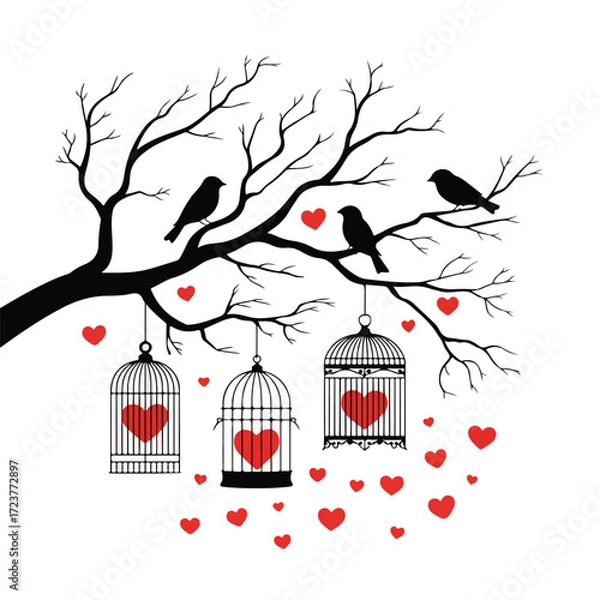 Fototapeta Vector art illustration of two cartoon birds on a branch with a heart