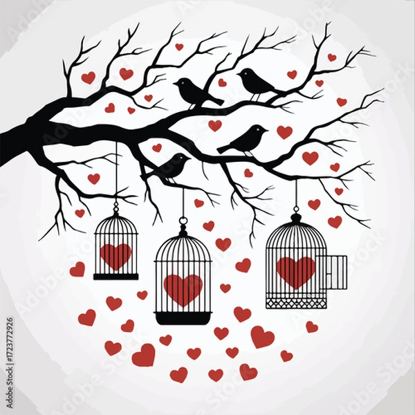 Fototapeta A vintage vector illustration of a Christmas tree with birds and a heart, perfect for a holiday card design
