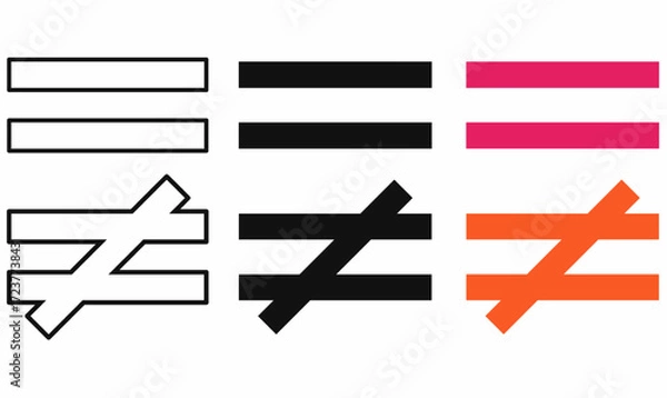 Fototapeta Vector set of equal sign and not equal sign math symbols in outline, silhouette, and colorful style. Education, mathematics, logic, and science icon for learning and infographic design.