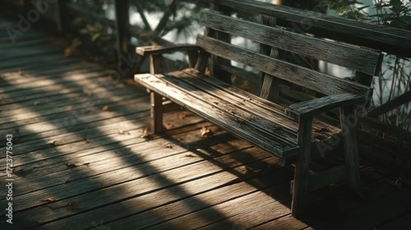 Fototapeta Empty wooden park bench on a weathered wooden deck illuminated by dappled sunlight, surrounded by natural foliage creating a peaceful outdoor seating area in a tranquil garden setting
