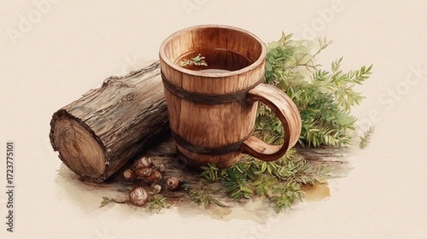 Fototapeta Rustic wooden mug filled with herbal tea on a weathered log surrounded by green foliage and chestnut shells in a natural outdoor setting