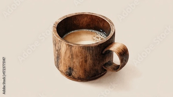Fototapeta Wooden coffee cup filled with freshly brewed coffee on a light background, rustic natural wood texture, warm tones, cozy morning beverage, minimalist style with smooth surface