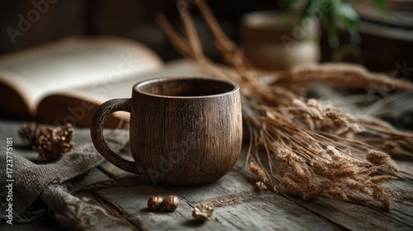 Fototapeta Rustic Brown Coffee Mug with Decorative Dried Wheat and Open Book on Weathered Wooden Table in Cozy Warm Indoor Setting