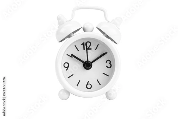 Fototapeta Classic white twin bell alarm clock showing ten past ten. Concept of time, deadline, and morning wake up call, isolated on white background with clipping path.