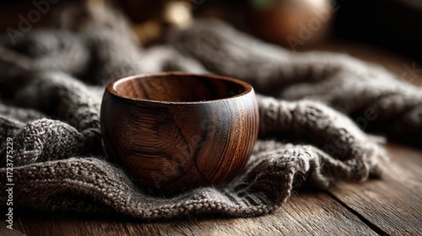 Fototapeta Elegant wooden bowl with a smooth polished surface and intricate natural grain resting on a textured gray fabric background with wooden surface beneath, close-up shot showcasing craftsmanship