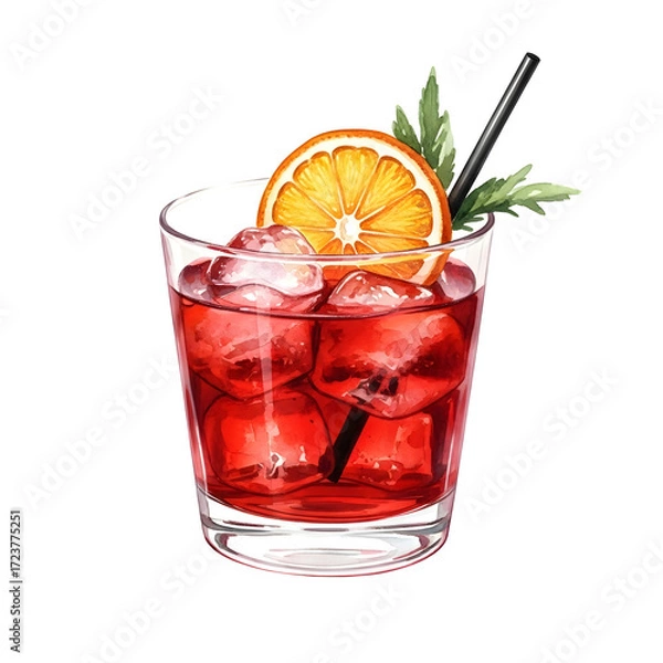 Fototapeta Refreshing red cocktail with orange slice and garnish isolated on transparent background