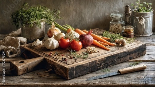 Fototapeta Freshly harvested vegetables including garlic, tomatoes, carrots, onions, and herbs arranged on a rustic wooden cutting board with kitchen jars and potted plants in the background