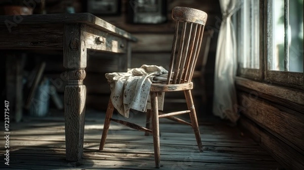 Fototapeta Vintage wooden chair with a aged cloth draped over it in rustic sunlit room with weathered wooden furniture and natural light streaming through a window