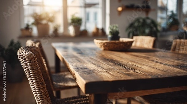 Fototapeta Cozy dining room with rustic wooden table and woven wicker chairs illuminated by soft natural sunlight, decorated with potted plants and cozy interior design elements