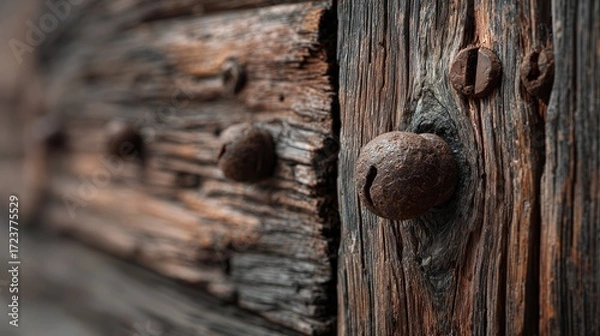 Fototapeta Close-up of weathered wooden surface with rusty metal nails embedded, textured rustic wood details with aged patina, natural wood grain and corroded hardware for vintage design themes
