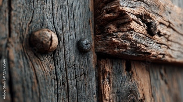 Fototapeta Close-up of weathered and textured wooden surface with visible grain, cracks, knots, and aged patina on old rustic wooden structure or panel