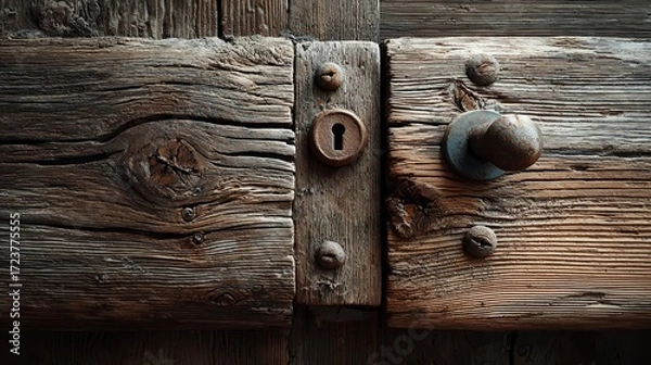 Fototapeta Close-up of weathered wooden barn door with rustic iron lock and door handle showcasing aged wood textures and vintage hardware details