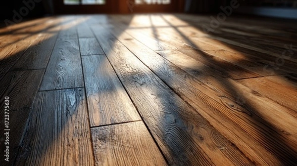 Fototapeta Close-up of Wooden Floorboards with Warm Sunlight and Shadow Patterns Highlighting Rich Grain and Textural Details in an Indoor Room
