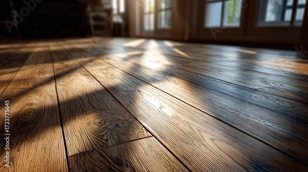 Fototapeta Sunlit wooden floorboards inside a cozy room with sunlight streaming through open windows, highlighting the natural grain and texture of the polished hardwood surface