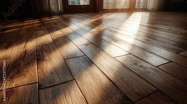 Fototapeta Sunlight streaming through large glass doors onto a polished wooden floor creating warm reflections and soft shadows in a bright, modern interior space