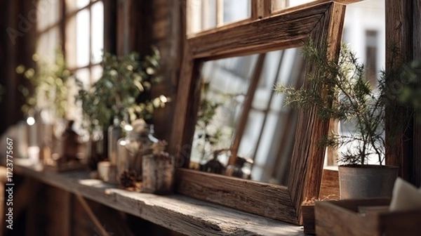 Fototapeta Rustic wooden picture frame leaning against a textured wooden wall with potted greenery and decorative objects on a window-side wooden shelf in warm natural sunlight