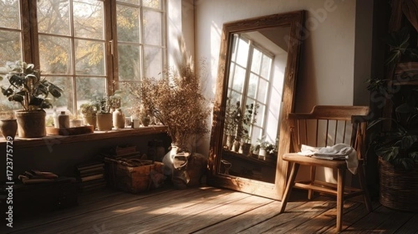 Fototapeta Sunlit interior corner with tall wooden-framed mirror, cozy wooden chair, potted plants, dried flowers, and sunlight streaming through large windows, creating a warm and inviting atmosphere