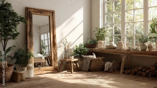 Fototapeta Sunlit Bohemian-style Interior with Large Windows Filled with Indoor Plants and Natural Wood Decor Creating a Cozy and Inviting Atmosphere